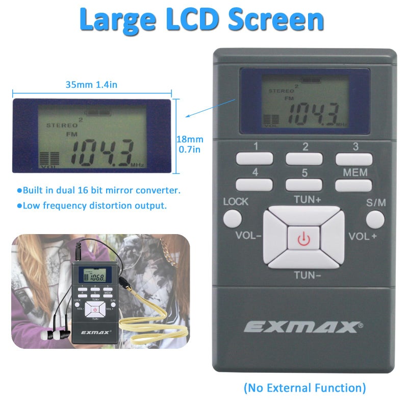 EXMAX E108 Wireless Stereo FM Radio Receiver - Portable Pocket Mini With Earbuds, LCD Clock for Translator Tour Guide System, Jogging, Running, Walking, Yardwork - Gray - Image 4